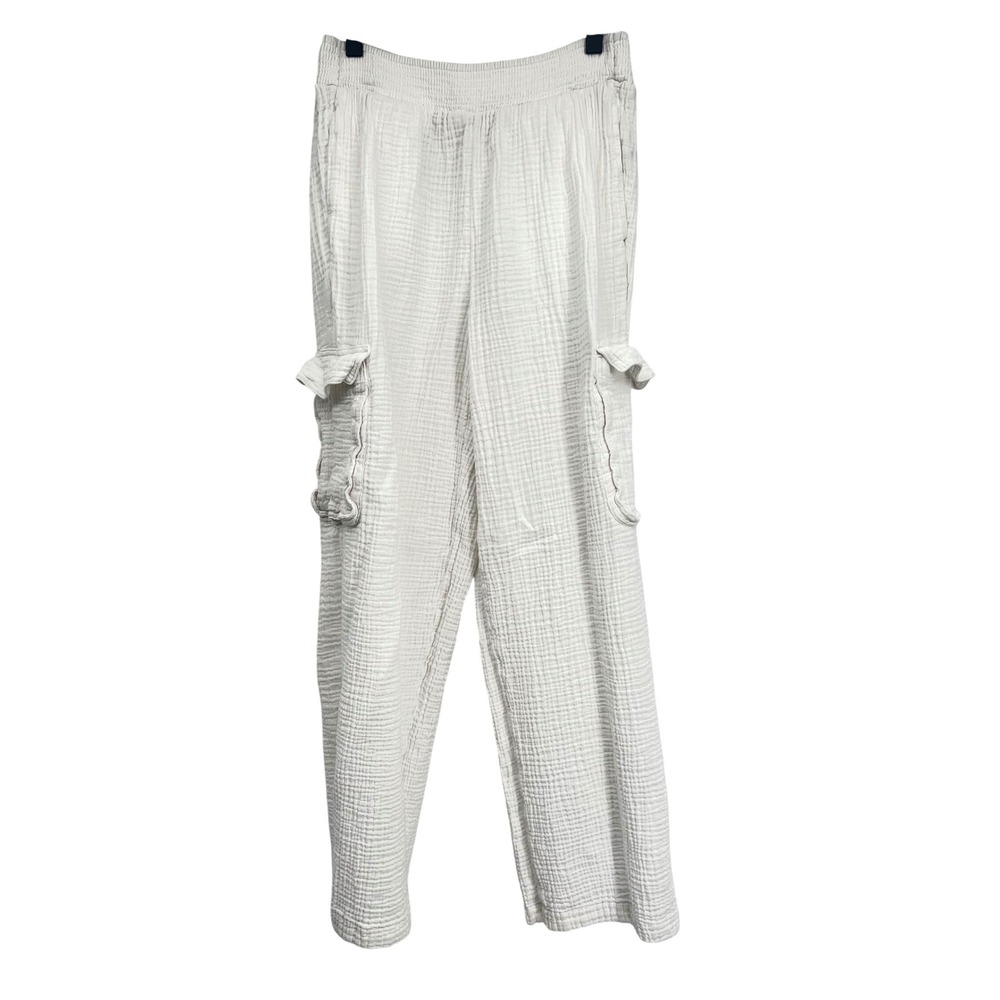 Aerie WhiteGauze Cotton Cargo Pants Elastic Waist Relaxed Wide Leg Trousers Sm